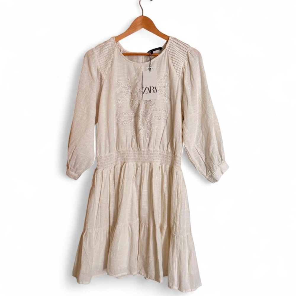 NWT ZARA boho cream embroidered 100% cotton dress with tiered skirt | Women's L